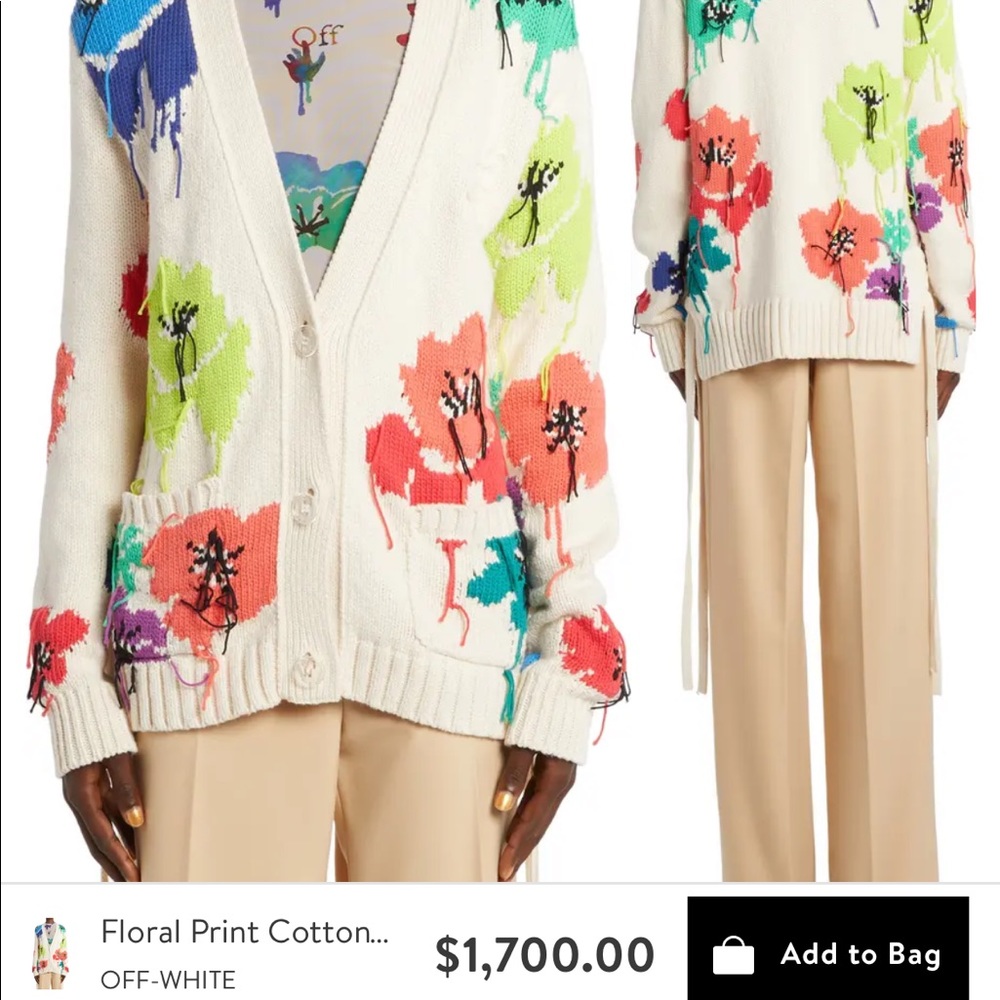 Off-White Floral Print Cotton Blend Cardigan
